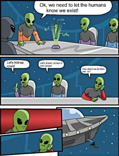Aliens brainstorm ideas for how to reveal their existence to humans.