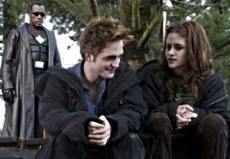 Vampire hunter Blade is photoshopped into the background of a scene of Edward and Bella from Twilight.