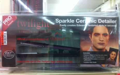 A picture of a hair straightener branded as Twilight with Edward Cullen's picture on the box.