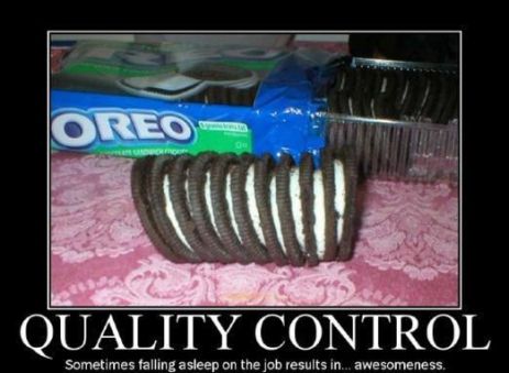 The caption says that sometimes falling asleep on the job results in awesomeness, and the picture is of a stack of Oreos with cream between each cookie, making them all stuck together.