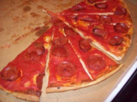 The picture is of a pizza with no cheese.  It has crust with sauce and pepperoni.