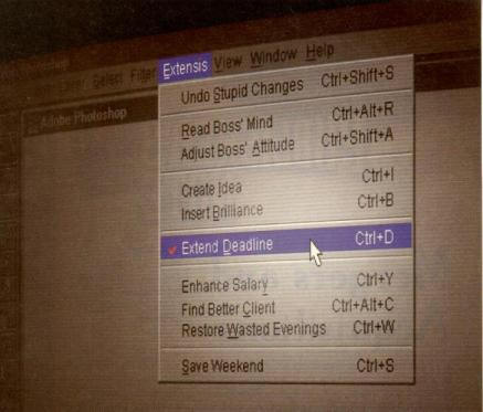 A picture is edited to show a computer menu with options like extending a deadline or inserting brilliance.